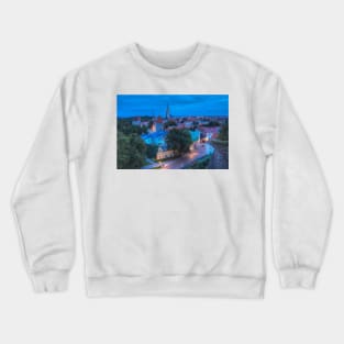 View from Toompea of the Lower Town, Old Town with Olai's Church or Oleviste Kirik, and a tower of the city wall, Tallinn, Estonia, Europe Crewneck Sweatshirt